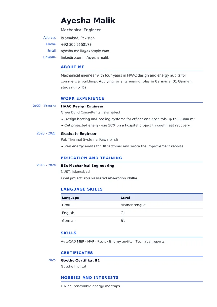 Europe (Europass layout) CV template example