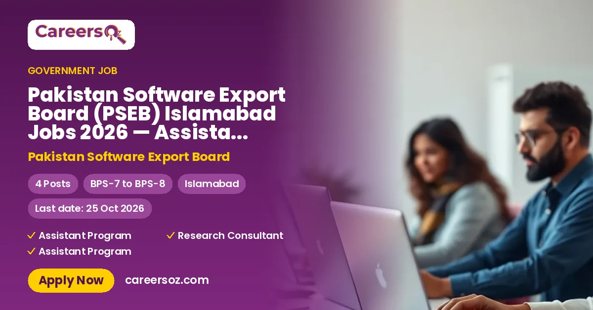Pakistan Software Export Board (PSEB) Islamabad Jobs 2026 — Assistant Program Manager HR Skills, Research Consultant, Assistant Program Officer- HR Skills – Pakistan Software Export Board