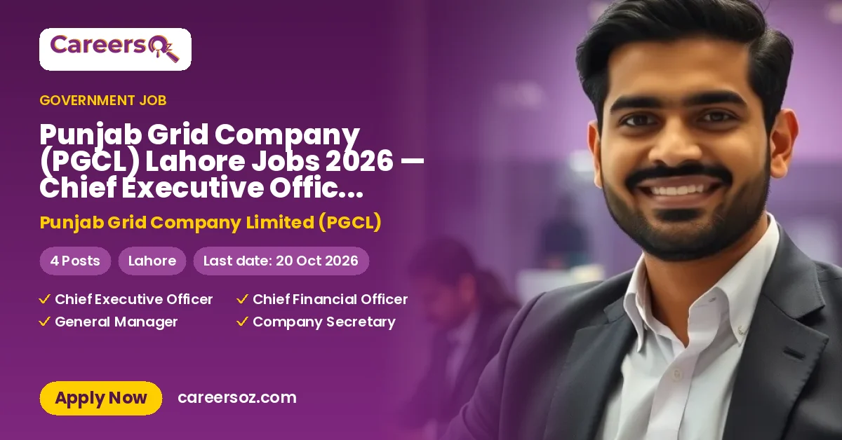 Punjab Grid Company (PGCL) Lahore Jobs 2026 — Chief Executive Officer (CEO), Chief Financial Officer (CFO) & 2 More Posts – Punjab Grid Company Limited (PGCL)