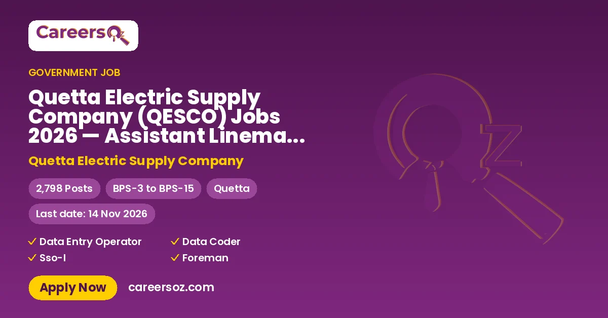 Quetta Electric Supply Company (QESCO) Jobs 2026 — Assistant Lineman, Assa Gso & 44 More Posts – Quetta Electric Supply Company